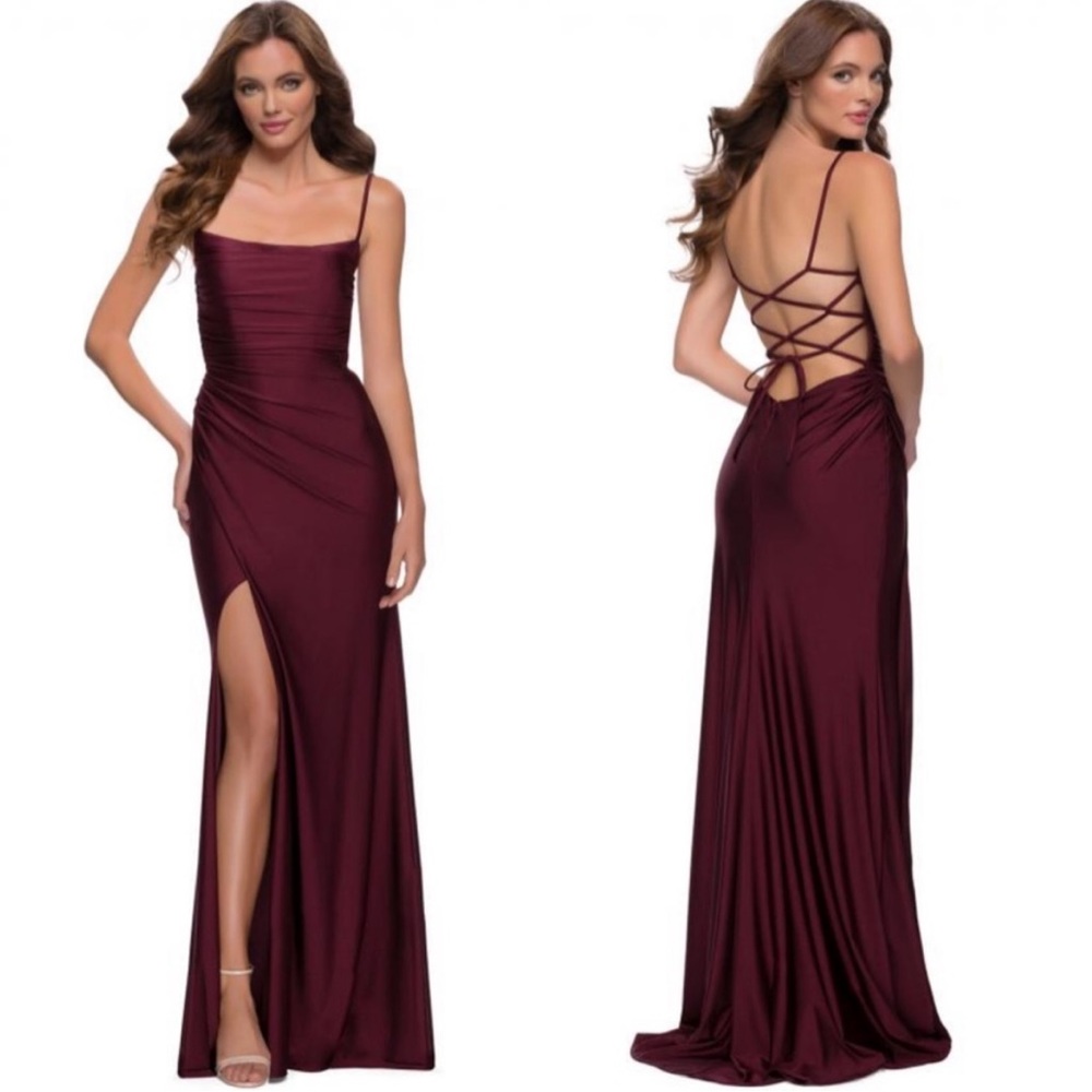 La Femme 29710 Red Strappy Open Back Ruched Formal Long Dress Gown Prom Slit 0